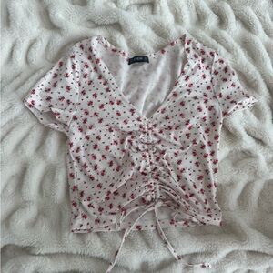 SHEIN White and Red Floral Ruched Top